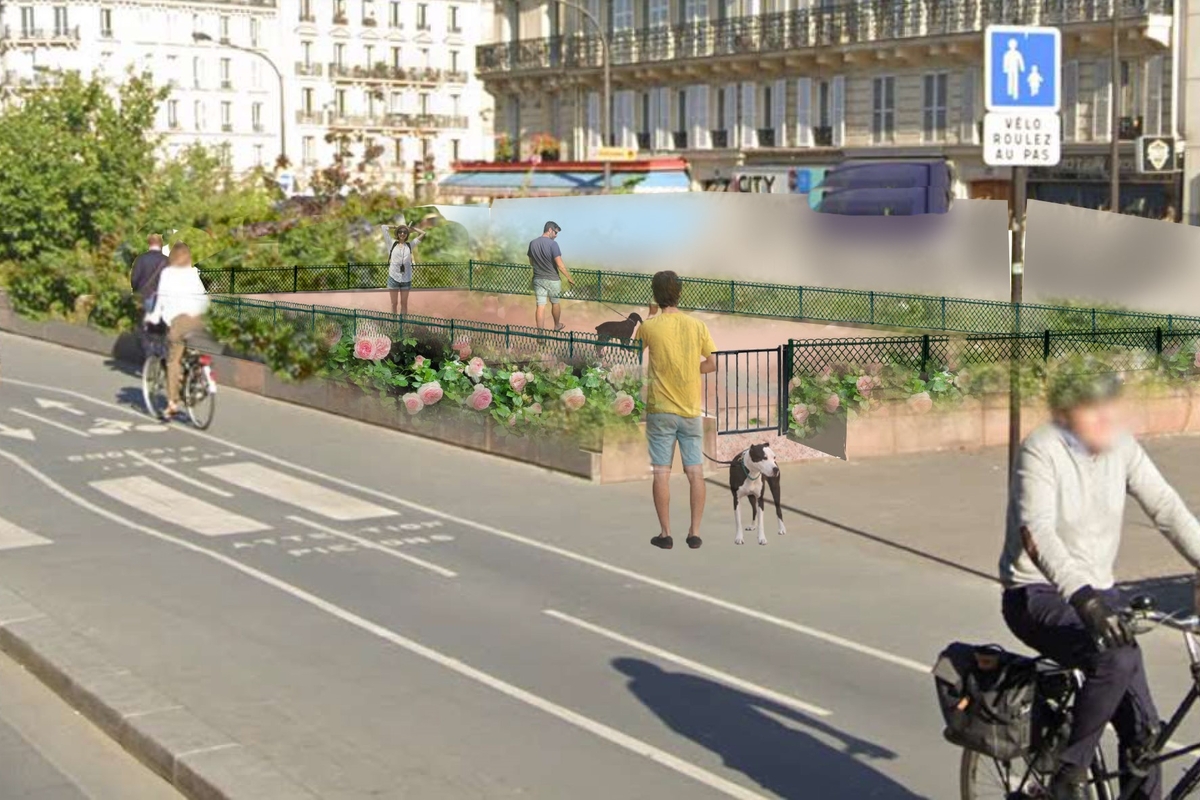 Vue sur la jardinière depuis le boulevard avec des passants et des cyclistes
