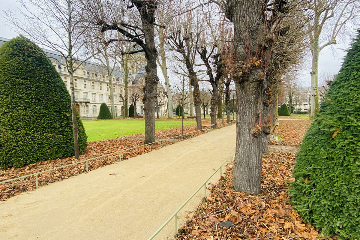 Vue sur les jardins et une allée bordée d'arbres, avec en fond les bâtiments du Val-de-Grâce
