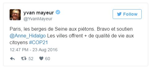 Tweet de Yvan Mayeur, bourgmester de Bruxelles, pour la piétonnisation des Berges