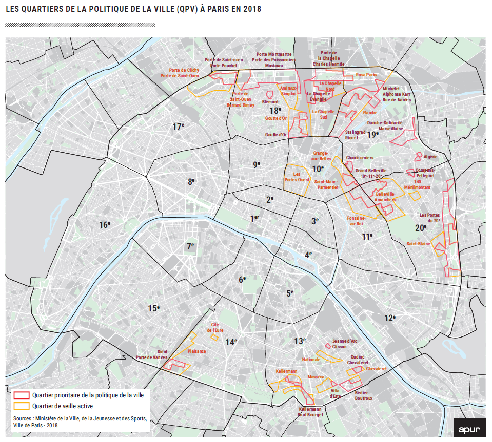 Les quartiers de la politique de la ville (QPV) à Paris en 2018