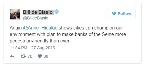 Tweet de Bill de Blasio, maire de New York, pour la piétonnisation des Berges