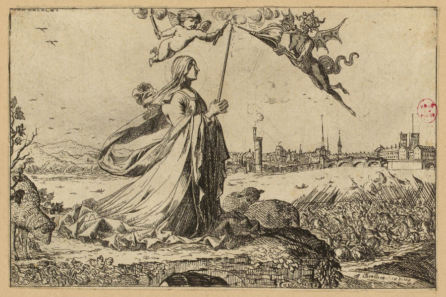 Estampe de Sainte Geneviève priant pour la ville de Paris