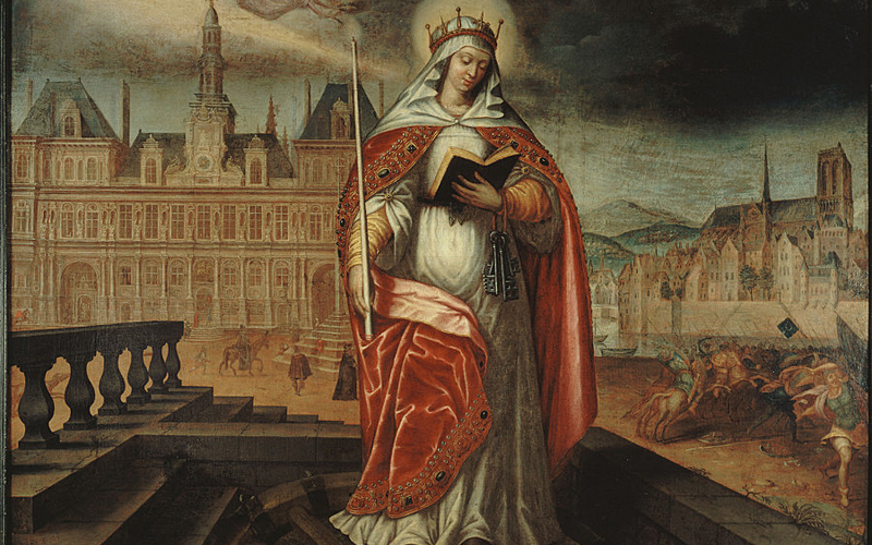 Sainte Geneviève, patronne de Paris, devant l'Hôtel de Ville; à droite, les Huns repoussés, vers 1620. Actuel 4ème arrondissement.  Anonyme , Peintre  Entre 1615 et 1625