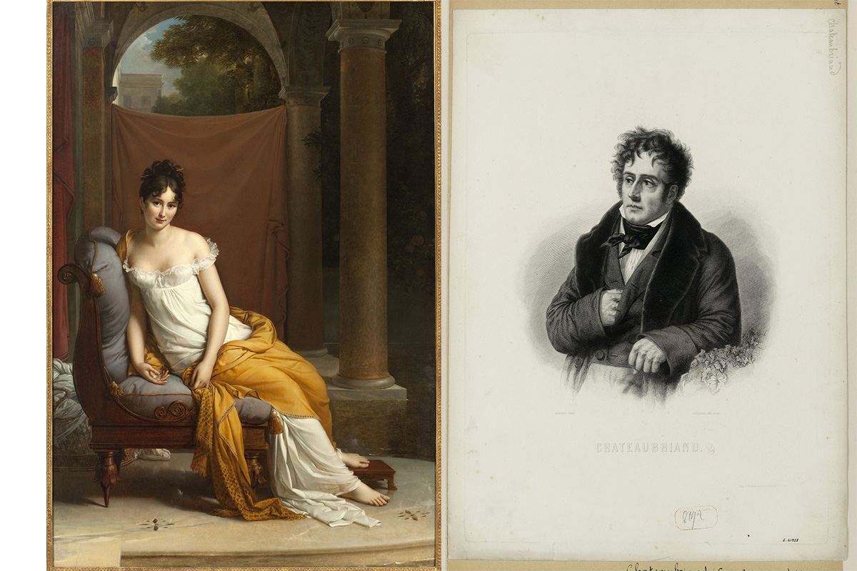 A gauche Portrait de Juliette Récamier, (1777-1849). Gérard, François, baron / A droite Chateaubriand.  Gaillard, Ferdinand , Graveur Girodet-Trioson, Anne-Louis , Auteur du modèle Chardon, F. (Aîné) , Imprimeur-lithographe.