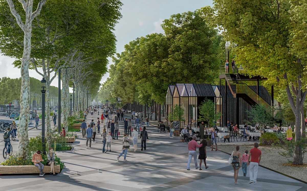 Projection du cabinet PCA Stream d'un kiosque sur l'avenue des Champs-Elysées pour le Comité des Champs-Elysées