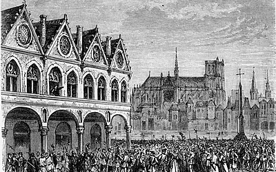 Etienne Marcel (1316-1358), marchand drapier et homme politique français, haranguant le peuple de Paris de la fenêtre de la Maison aux Piliers (emplacement de l'Hôtel de Ville).