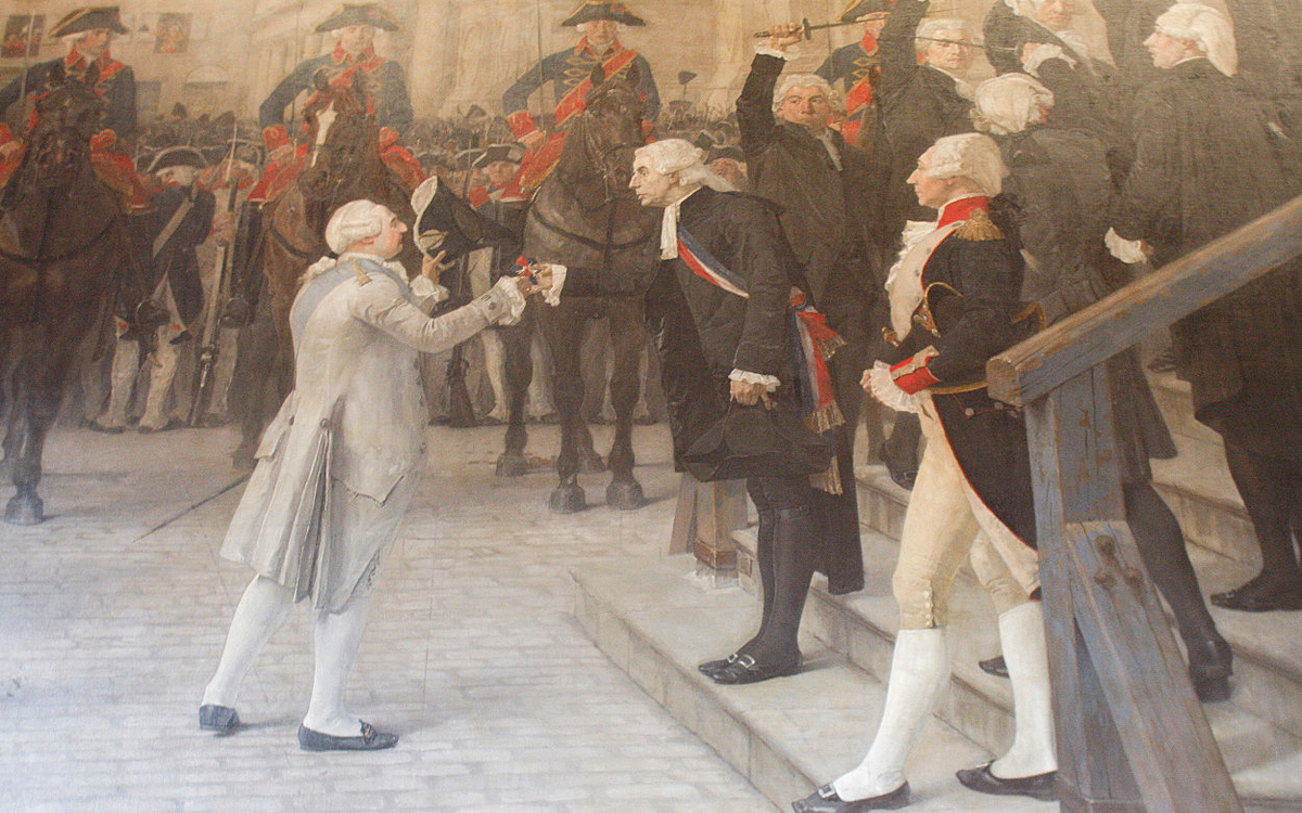 Jean Sylvain Bailly, premier maire de Paris, remet la cocarde tricolore à Louis XIV, tableau de Jean Paul Laurens conservé à l'Hôtel de Ville de Paris