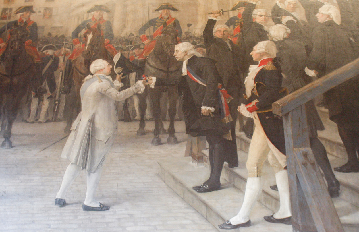Jean Sylvain Bailly, premier maire de Paris, remet la cocarde tricolore à Louis XIV, tableau de Jean Paul Laurens conservé à l'Hôtel de Ville de Paris