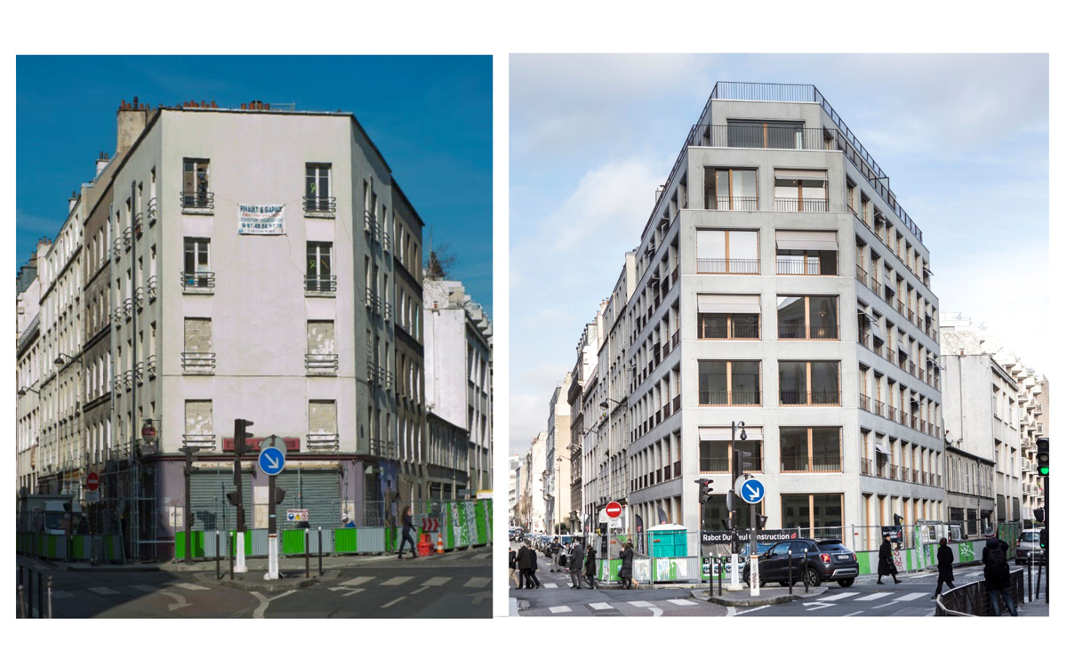 21 bis – 23 rue Pajol / 60 rue philippe Girard (18e).Création de 16 logements sociaux et 2 locaux Maître d’ouvrage : Elogie-SiempMaître d’œuvre : Armand Nouvet. Livraison en janvier 2018