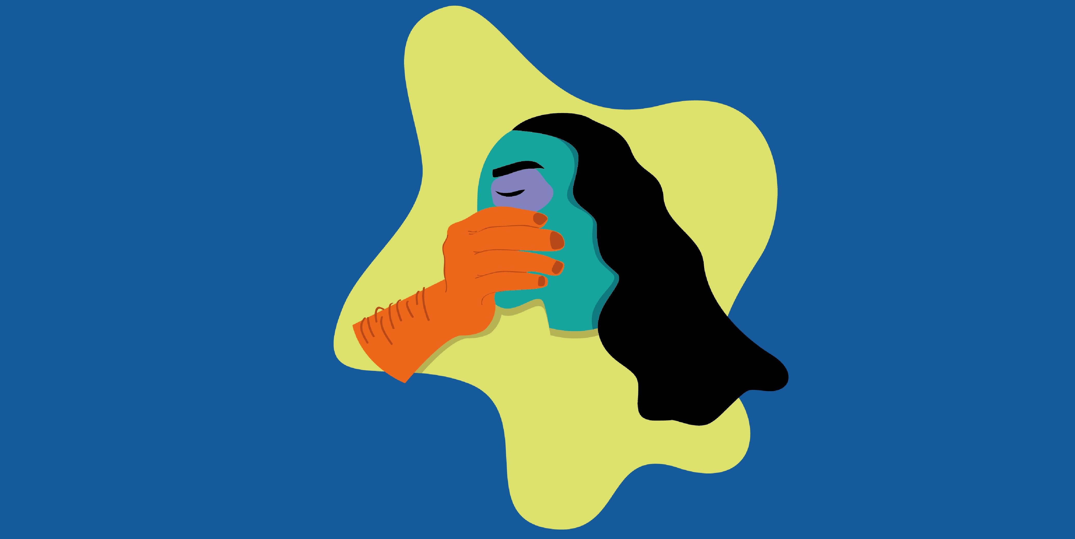 Illustration dessinée représentant une femme mise sous silence par une main d'homme sur un aplat de couleur bleu