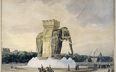 Jean-Antoine Le Chevalier Alavoine (1776-1834). "Projet de la fontaine de l'éléphant, place de la Bastille". Aquarelle. Paris, musée Carnavalet.