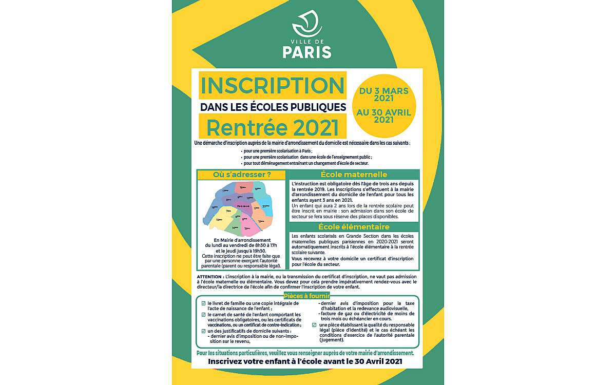 Inscription pour la rentrée scolaire 2021 - Mairie du 6ᵉ