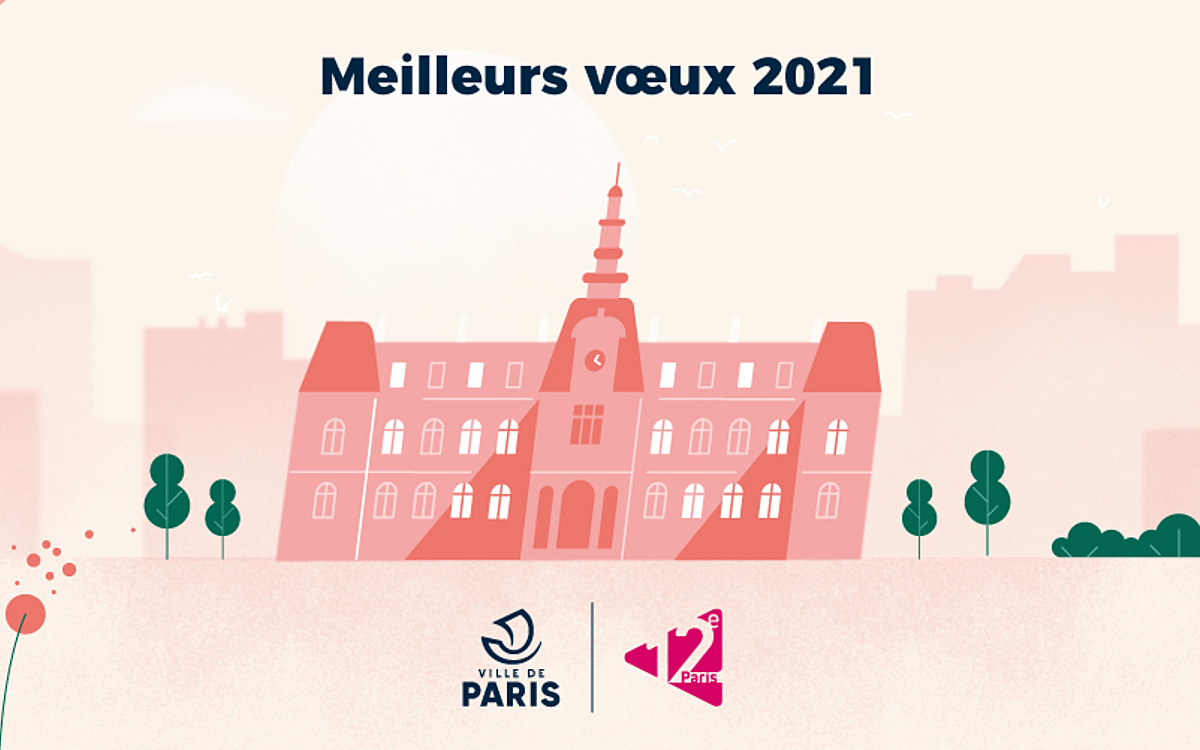 Illustration rose et verte de la Mairie du 12e entourée d'arbre, de végétation et d'immeubles en arrière-plan, avec une inscription "Meilleurs vœux 2021"