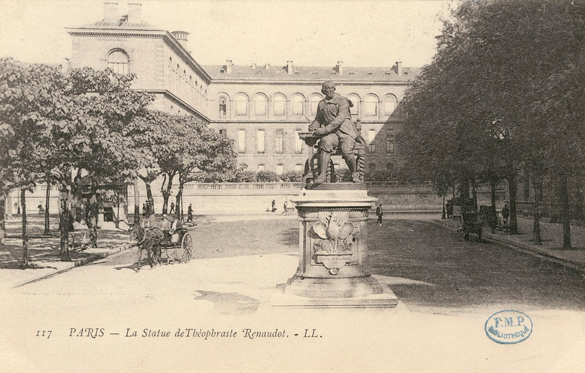 Statue de Théophraste Renaudot par Alfred Boucher (1893), refondue en 1942. 