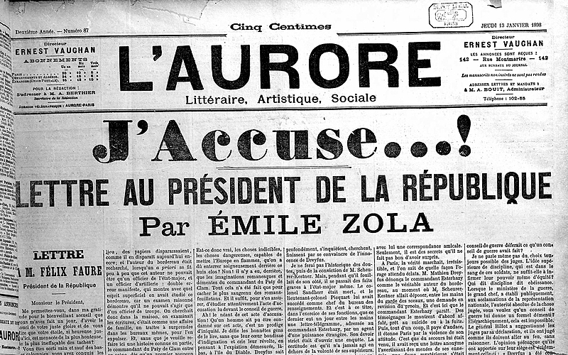 "J'accuse", lettre d'Emile Zola publiée dans "L'Aurore", au moment de l'affaire Dreyfus, le 13 janvier 1898.