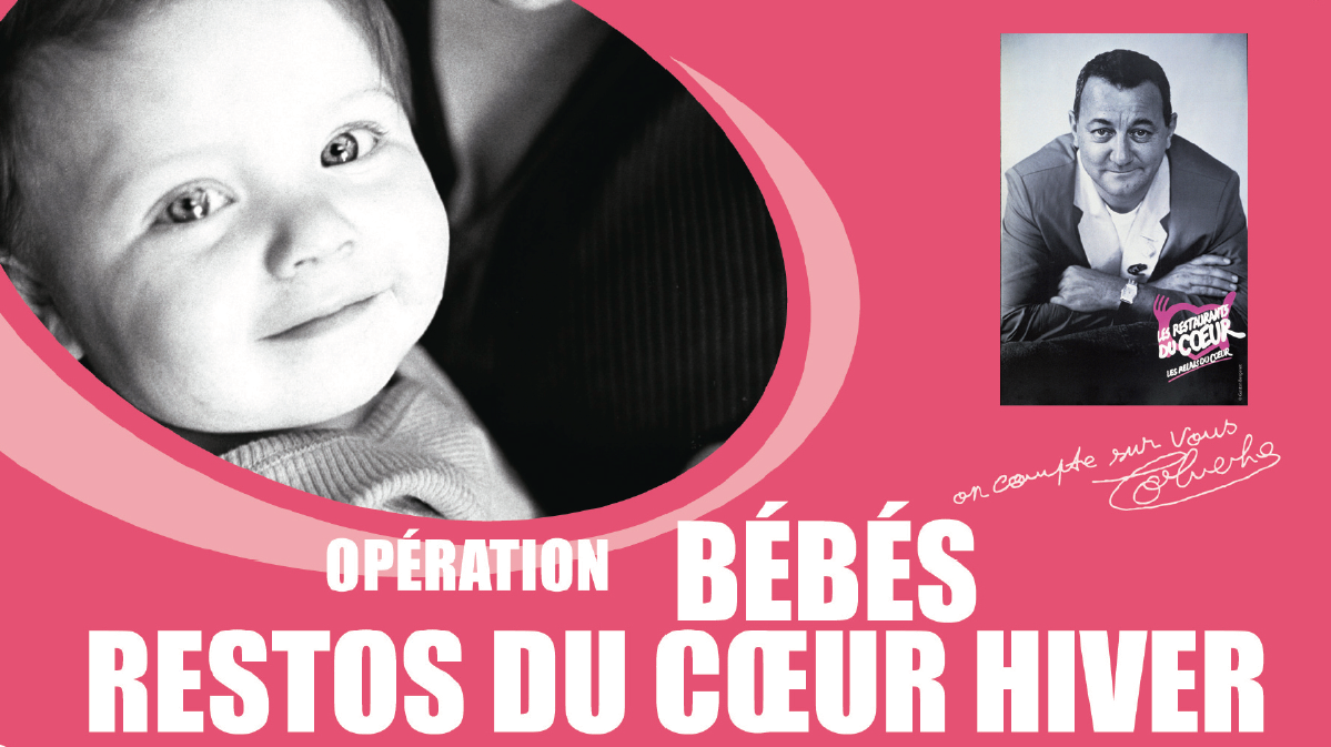 Visuel d'annonce de l'opération Bébés Restos du Coeur, avec la photo d'un bébé regardant l'objectif et la photo de Coluche, au-dessus de son autopgraphe et une phrase manuscrite "On compte sur vous"