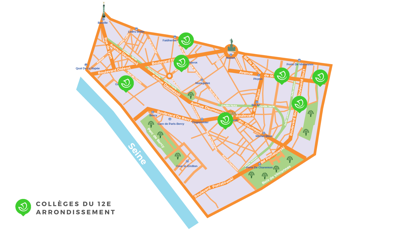 Carte de l'arrondissement situant les 7 collèges de l'arrondissement