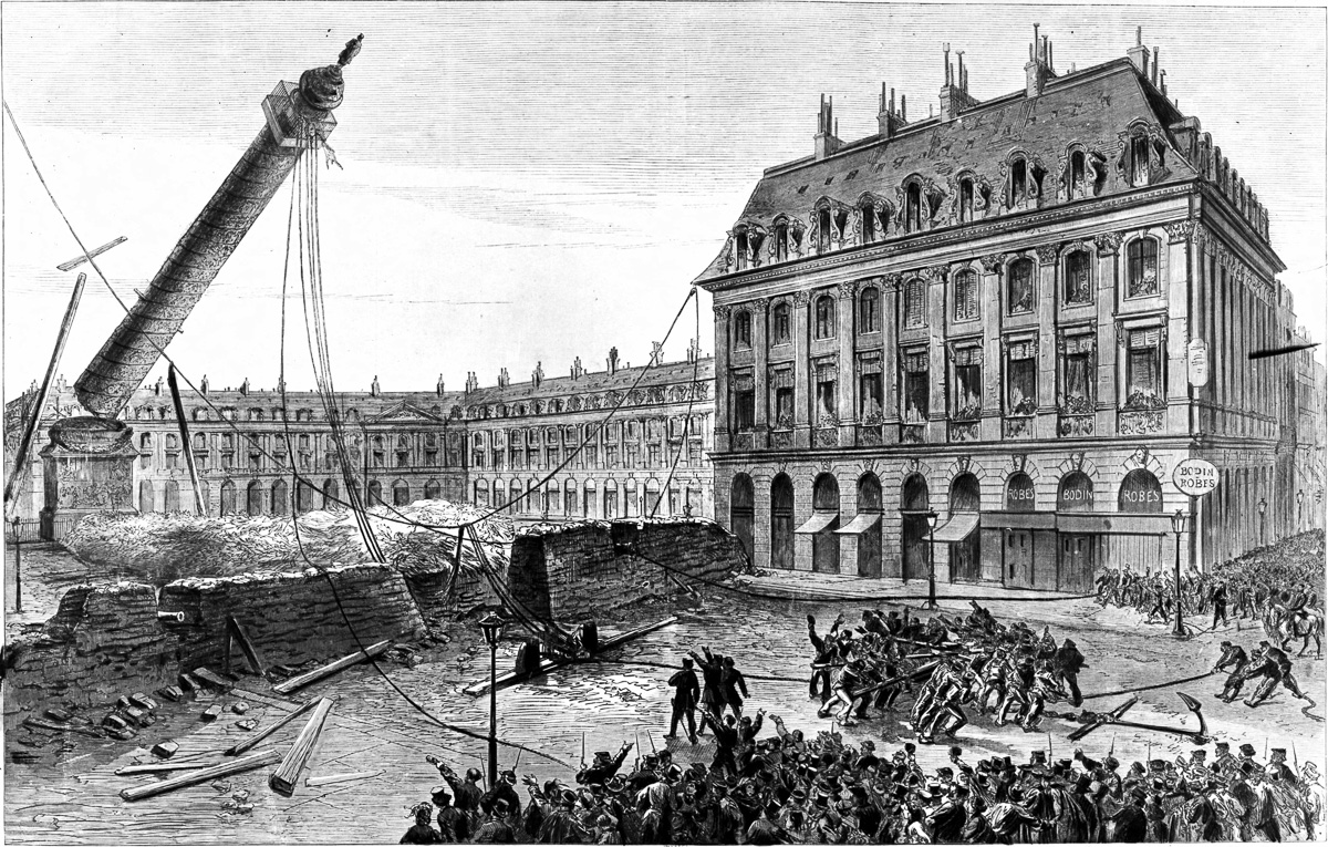 Démolition de la colonne Vendôme, sous la direction du peintre Gustave Courbet. Paris, 16 mai 1871.