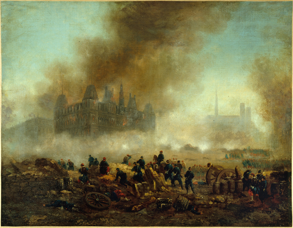 L'Hôtel de Ville incendié, assailli par les troupes de Versailles