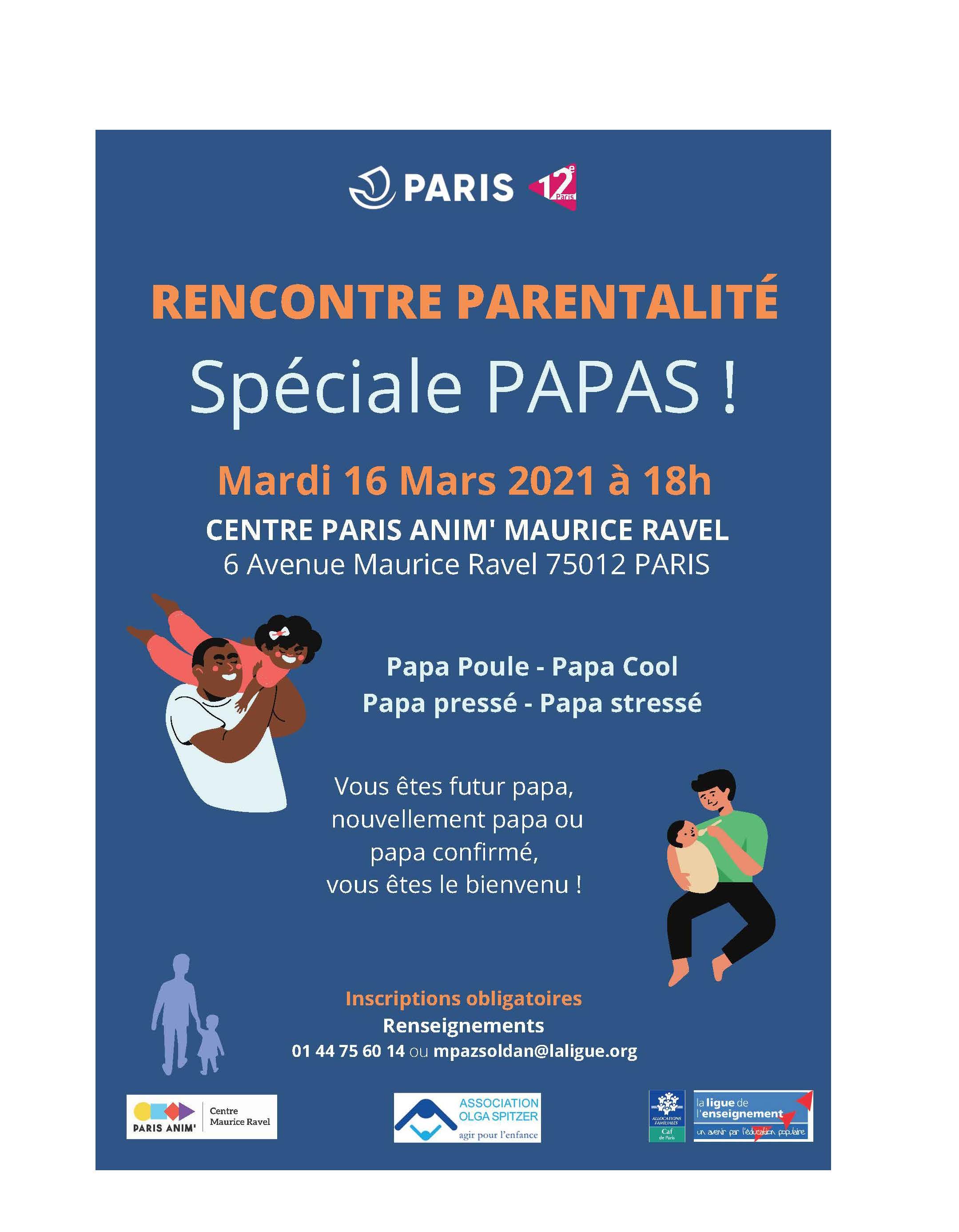 Rencontre parentalité spéciale Papas le mardi 16 mars 2021 à 18h au centre Paris Anim Maurice Clavel