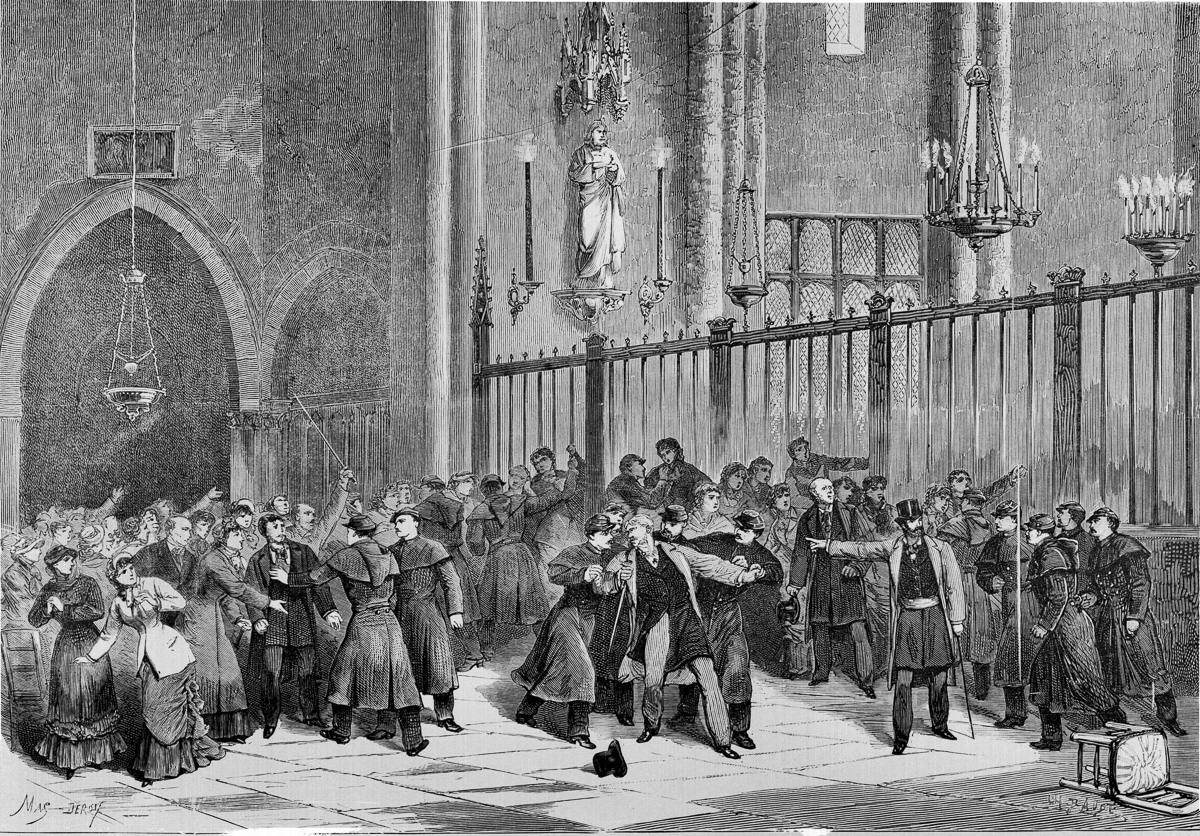 Séparation de l'Eglise et de l'Etat. Les gardiens de la paix faisant évacuer le couvent des Capucins, rue de la Santé.Gravure d'aprés un dessin de M. Deroy.