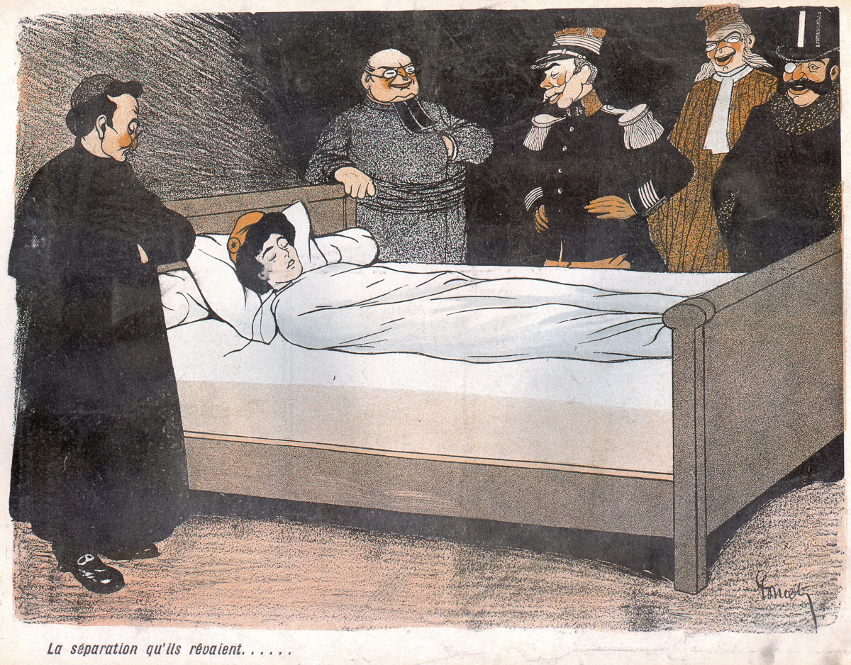 "La séparation qu'ils rêvaient". Dessin de la série "Les Martyrs", par Paul Poncet. "L'Assiette au beurre", 9 décembre 1905.
