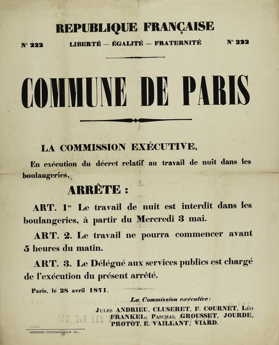 Guerre de 1870-1871. N° 222, REPUBLIQUE FRANCAISE, LIBERTE - EGALITE - FRATERNITE, en exécution du décret relatif au travail de nuit dans les boulangeries. Imprimerie Nationale. Typographie. 1871. 