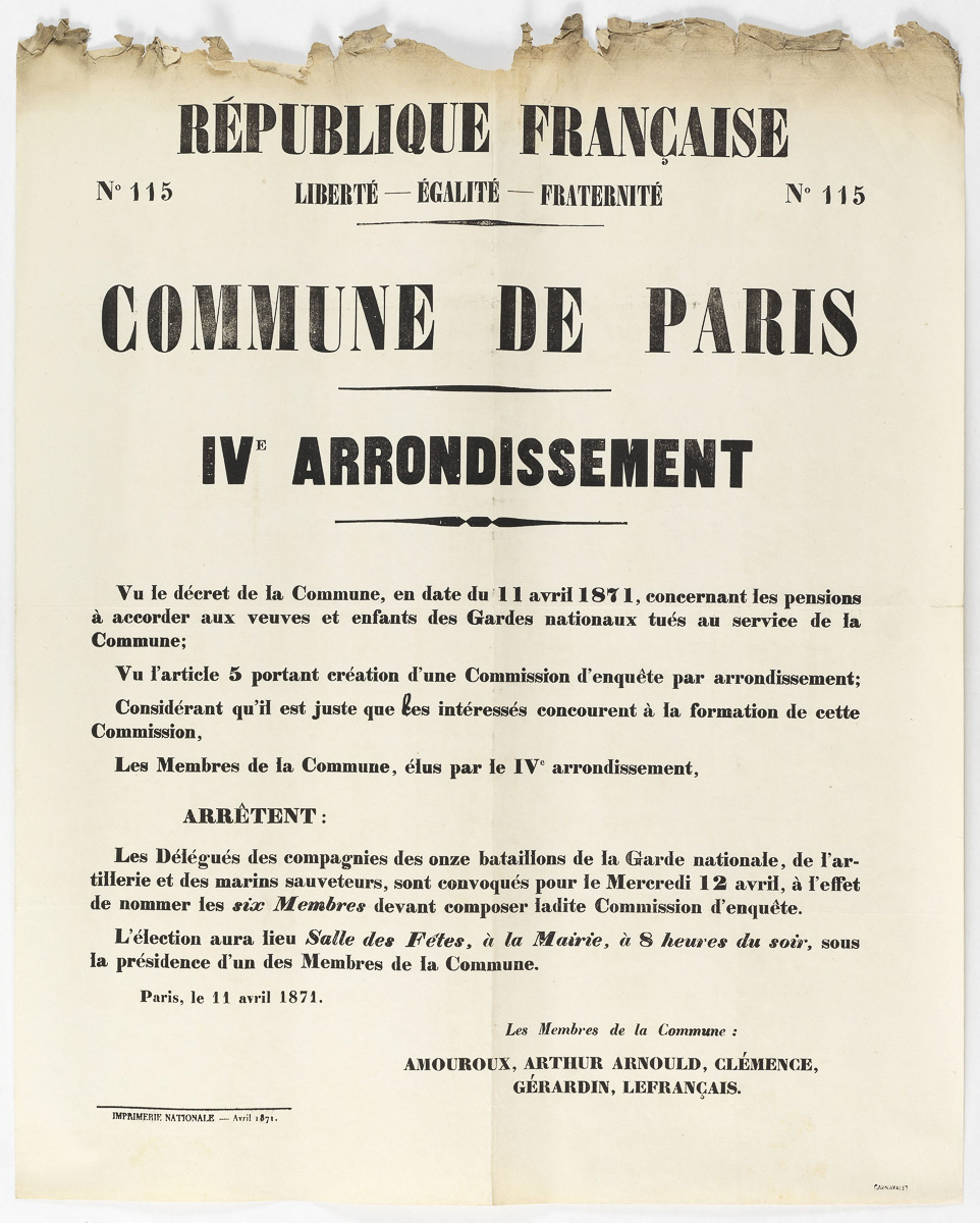 Imprimerie Nationale. "REPUBLIQUE FRANCAISE, N° 115 LIBERTE - EGALITE - FRATERNITE , COMMUNE DE PARIS, IV E ARRONDISSEMENT, Vu le décret de la Commune, en date du 11 avril 1871, concernant les pensions". Typographie.
