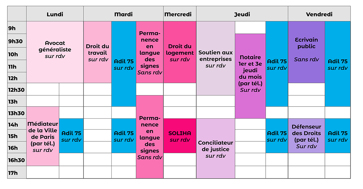 Calendrier hebdomadaire des permanences et consultations gratuites en mairie du 12ème arrdt