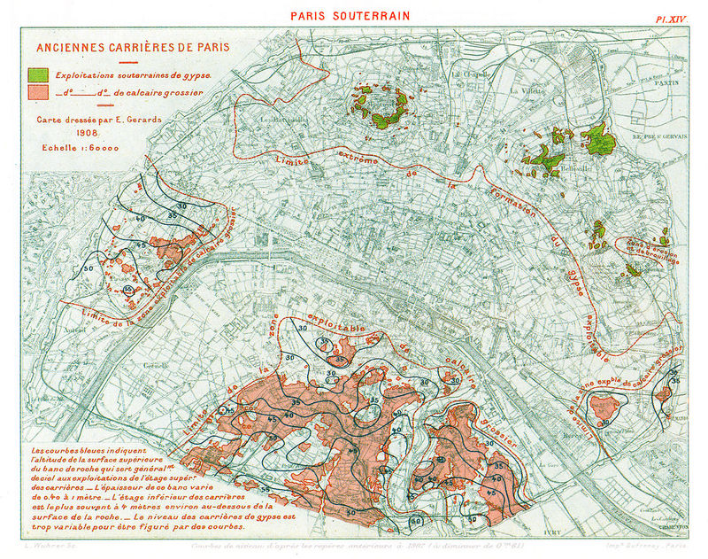 Situation des anciennes carrières sous Paris (carte de 1908).