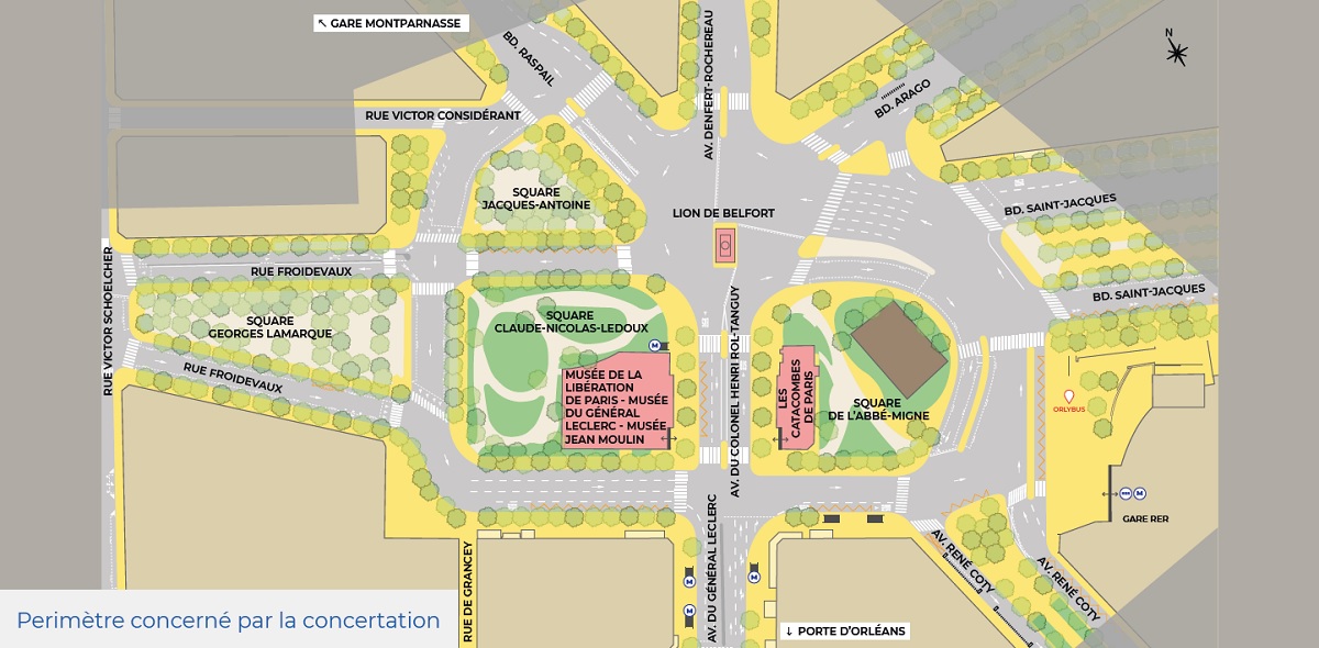 Plan de la zone concernée par la concernée par la concertation Denfert-Rochereau