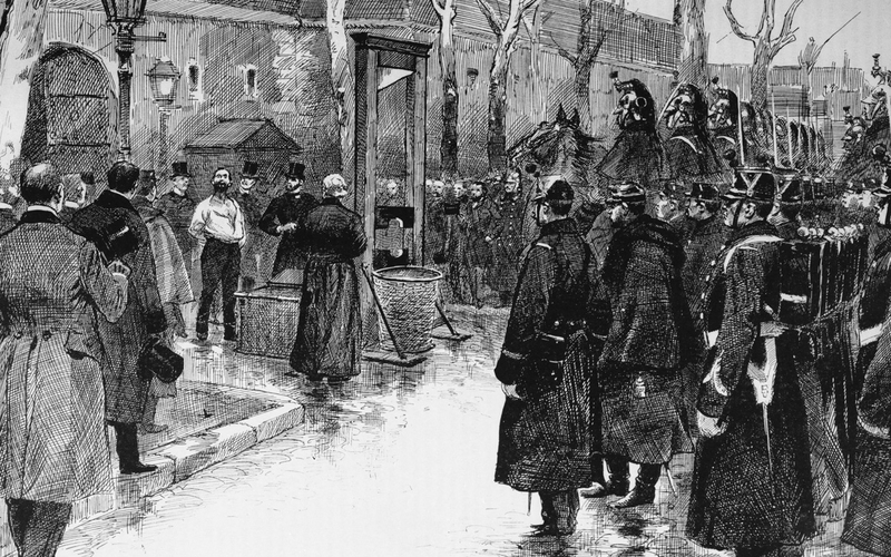 Exécution d'Auguste Vaillant (1861-1894), anarchiste français. Février 1894. Dessin de Charles Morel.