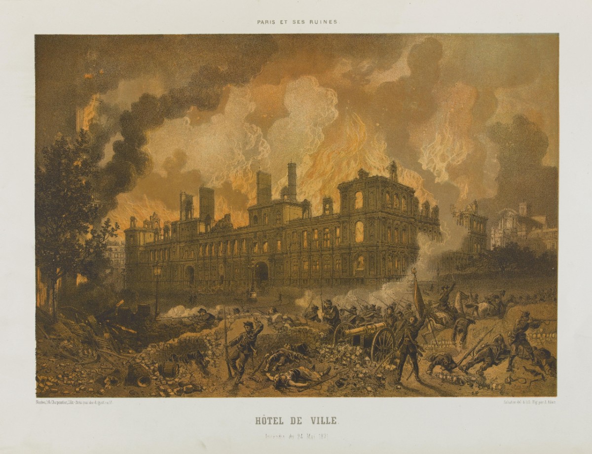 Gravure de l'incendie du 24 mai 1871 qui a ravagé l'Hôtel de Ville
