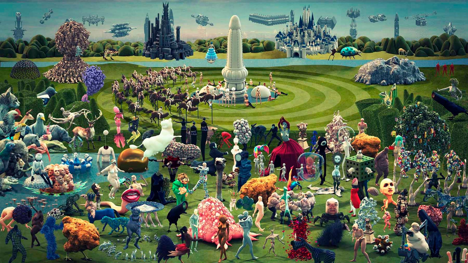 Illustration sur le thème "jardin des délices" avec des couleurs vives et des personnages fantastiques