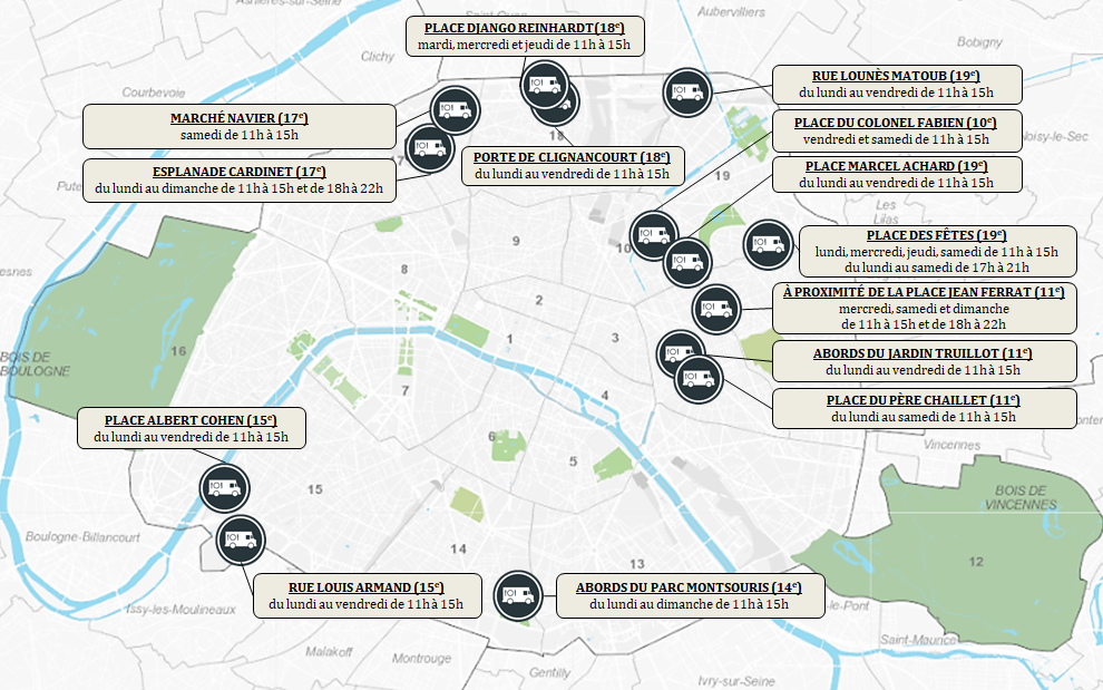 Carte des emplacements parisiens accueillant des camions-restauration