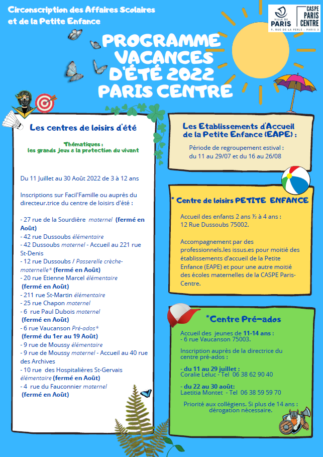 Vacances D'été : Les Inscriptions Aux Centres - Mairie De Paris Centre