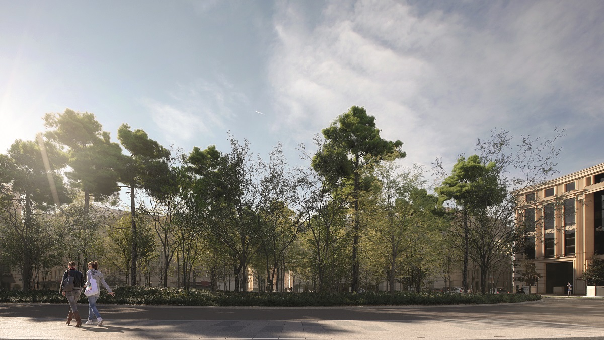 Photomontage de la forêt urbaine de la place de Catalogne vue depuis la rue du Commandant Mouchotte