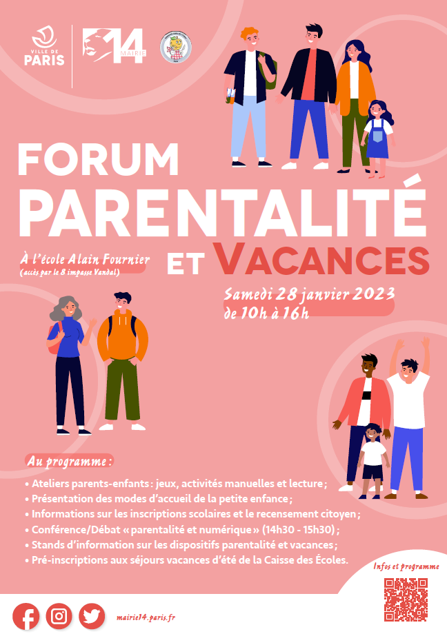Affiche 2023 du premier Forum parentalité et vacances du 14e du 28 janvier 2023