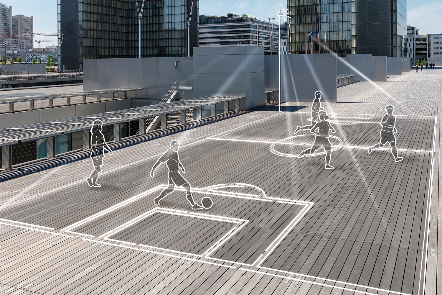 Représentation d'un terrain de football dessiné sur la photographie du parvis de la Bibliothèque Nationale de France.