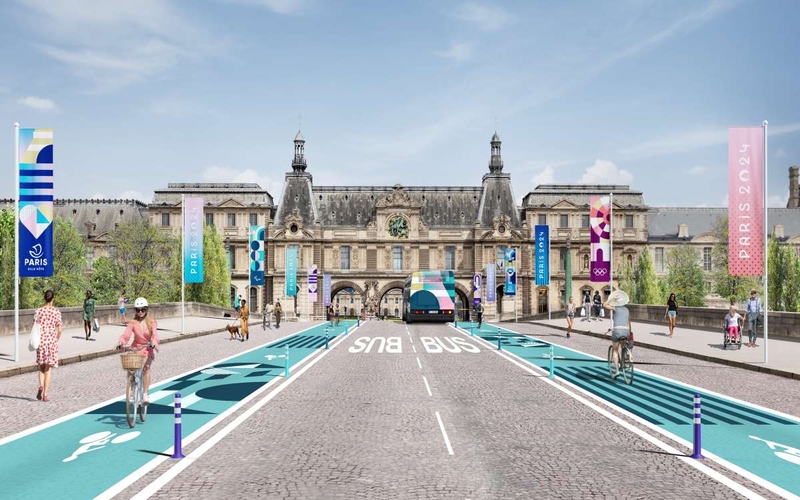 Carrousel bridge in the colors of the Paris 2024 Games