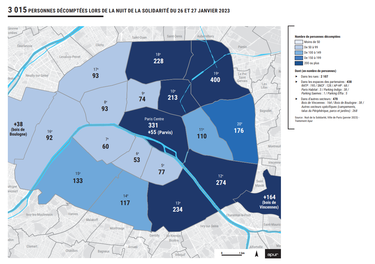 Les résultats du décompte de la Nuit de la Solidarité (hiver 2023) par arrondissement