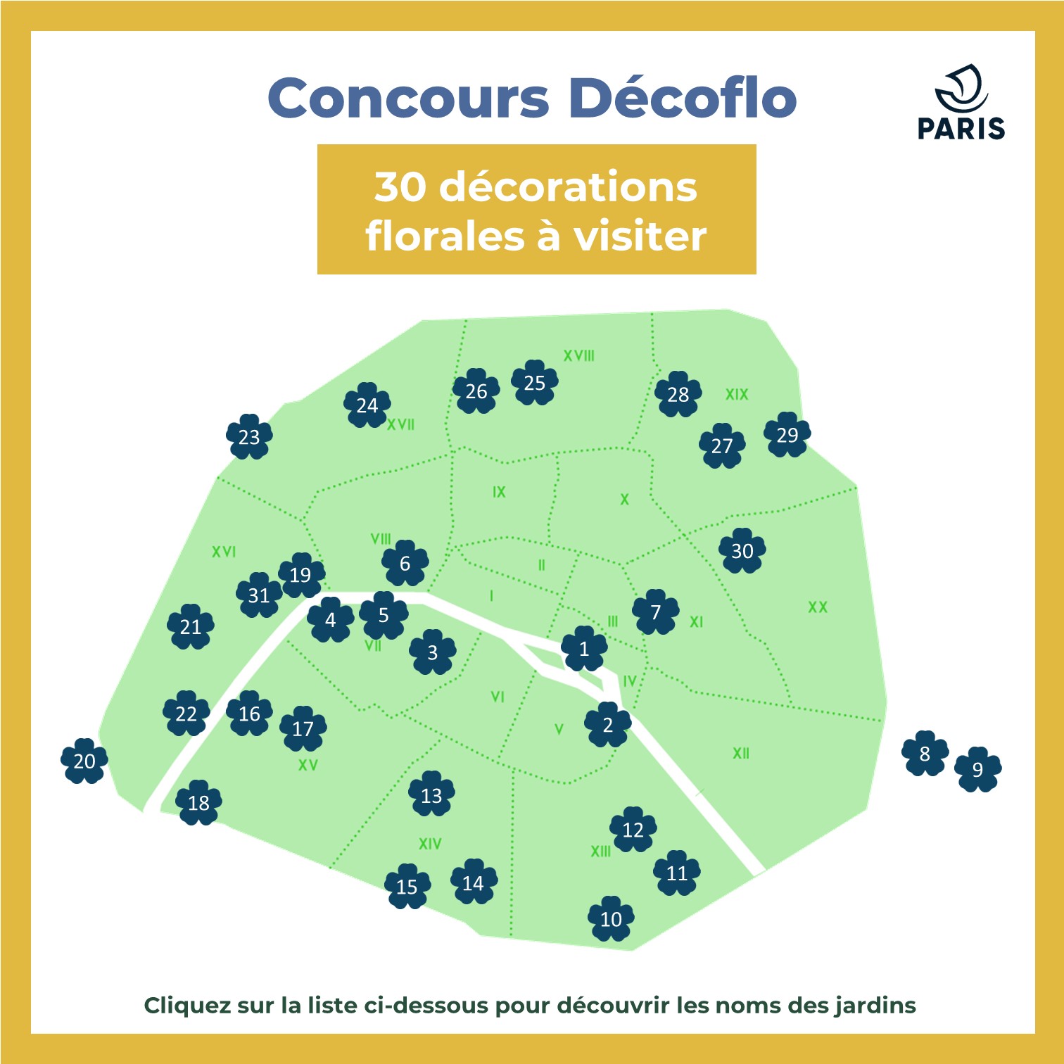 Une carte de Paris indiquant les localisations des jardins participant au concours Décoflo en 2023