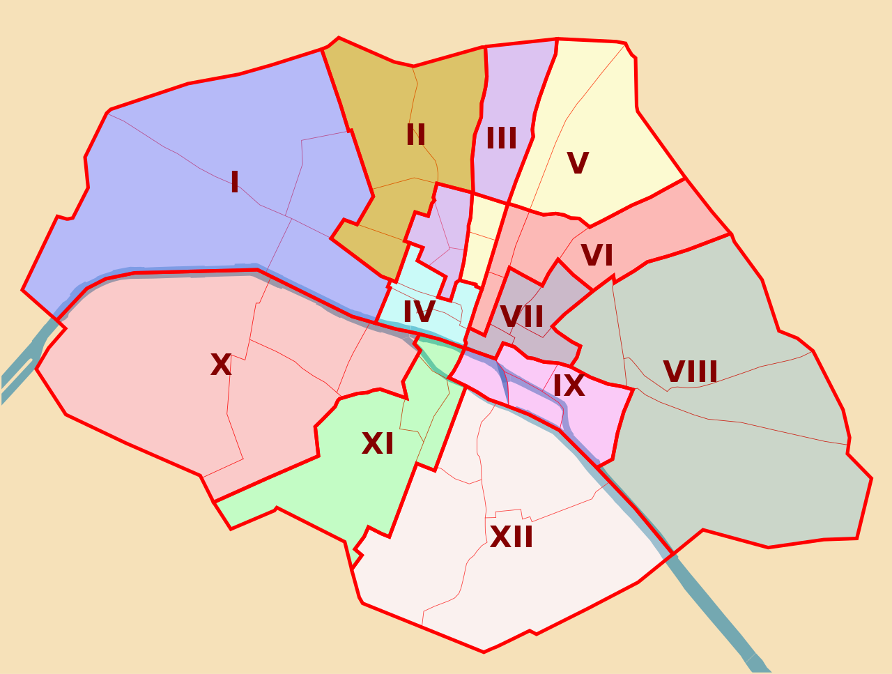 Plan de Paris entre 1795 et 1860. La ville est divisée en 12 arrondissements.