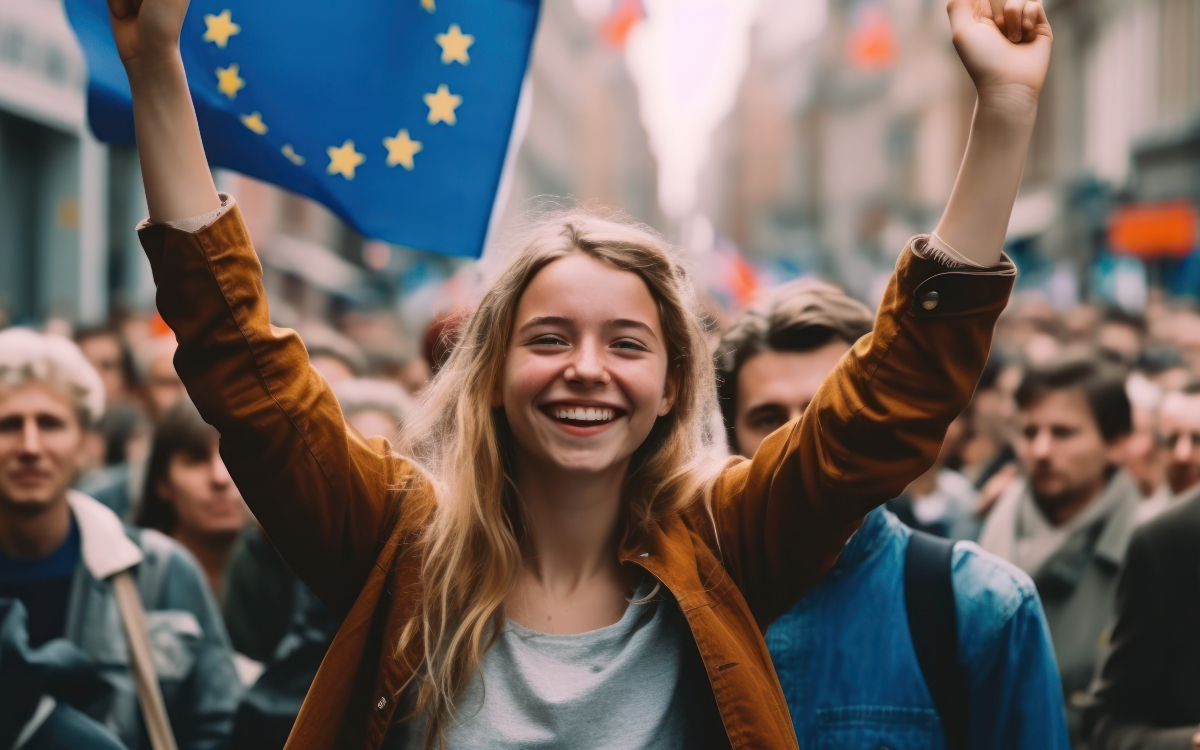 Groupe de jeunes manifestants, avec le drapeau européen