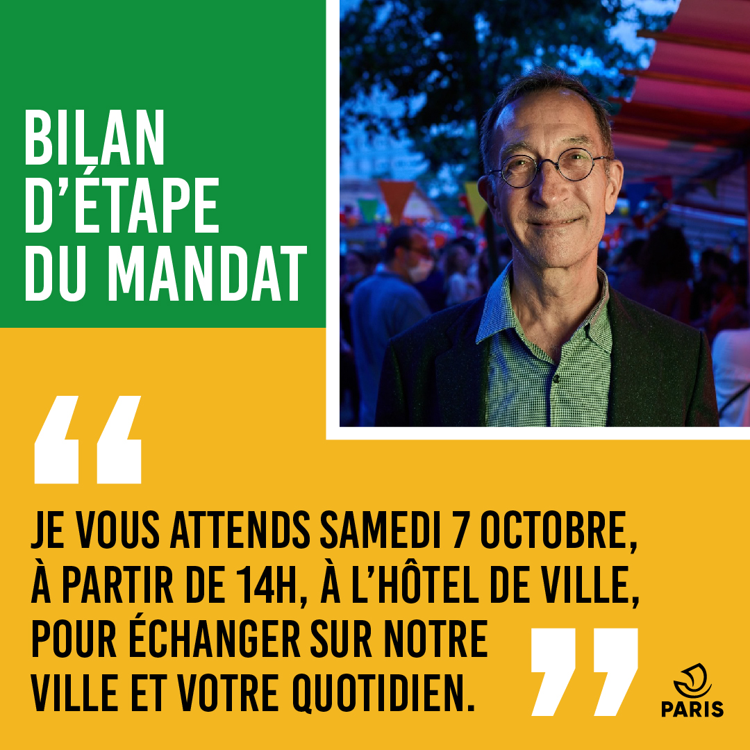 Visuel représentant le maire du 19e, François Dagnaud avec le texte suivant : Bilan d'étape du mandat. "Je vous attends samedi 7 octobre, à partir de 14h, à l'Hôtel de Ville pour échanger sur notre ville et votre quotidien". 
