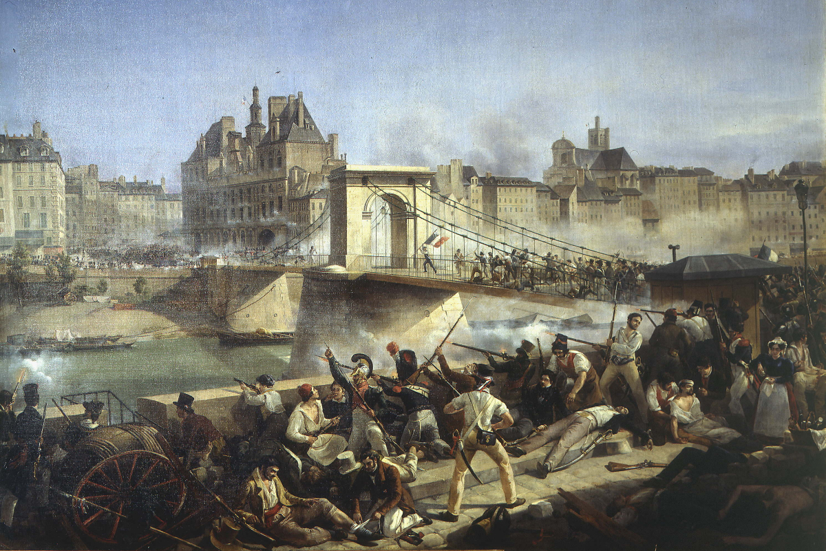 Amédée Bourgeois (1798-1837). Episode de la révolution de 1830. "Prise de l'Hôtel de Ville. Le Pont d'Arcole - 28 juillet 1830". Musée de Versailles.