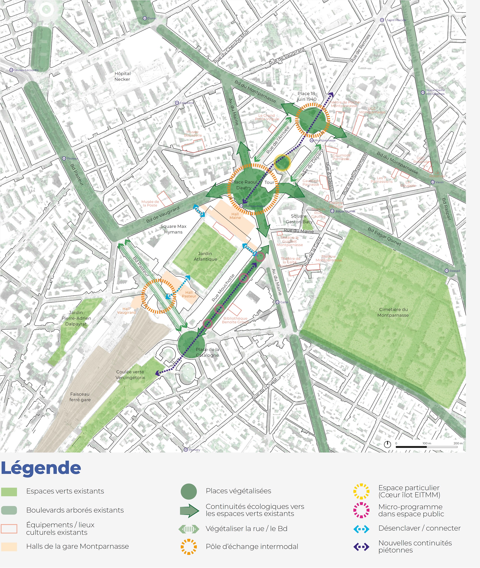 Plan de la future forêt urbaine de la place de Catalogne remise dans le contexte des autres espaces verts existant aux alentours