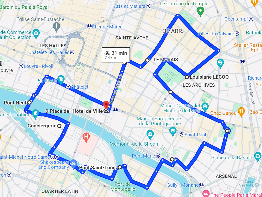 Carte de Paris avec, au centre un itinéraire en bleu. 