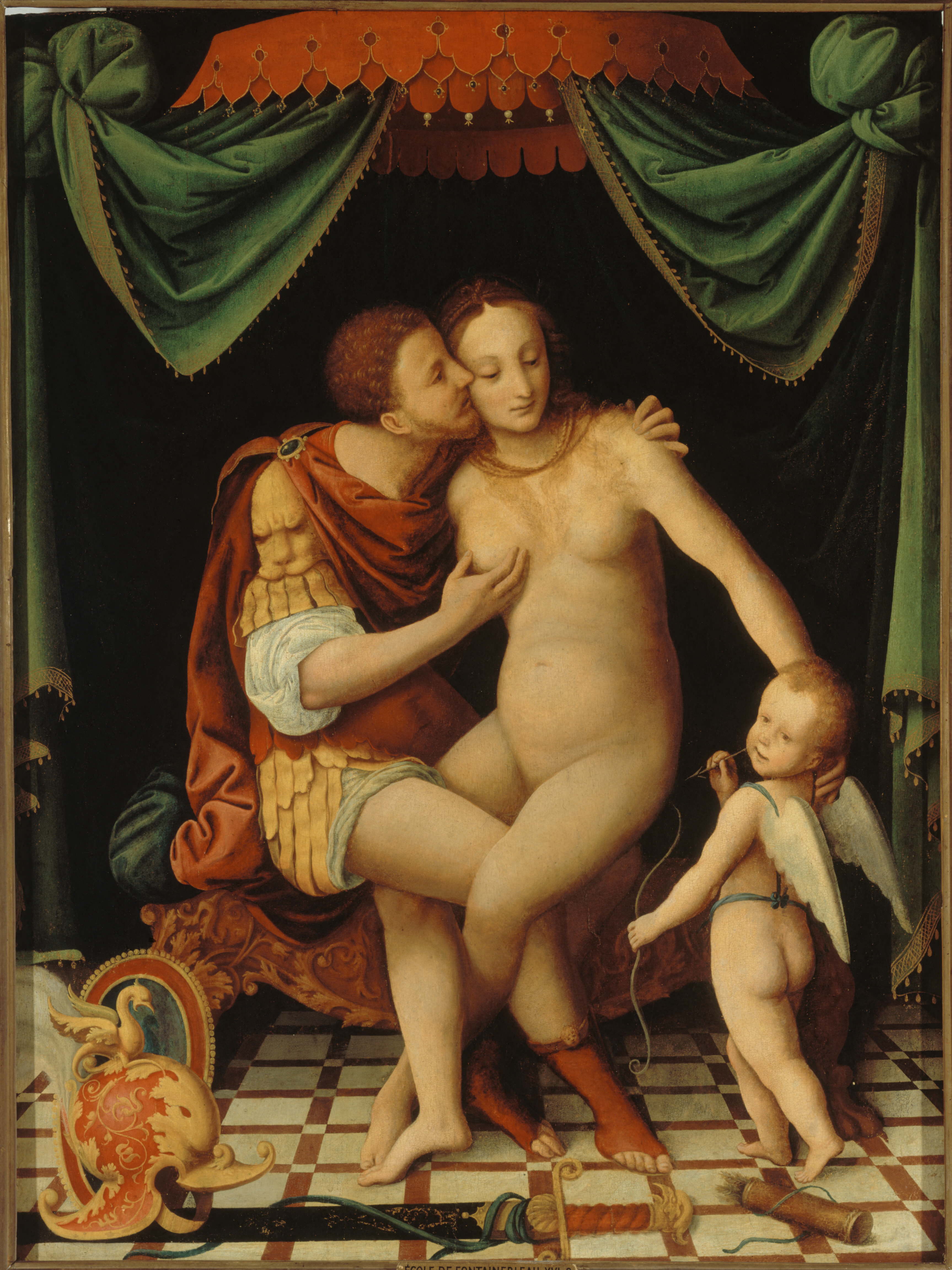 Tableau représentant Mars et Vénus enlacés avec le petit Cupidon