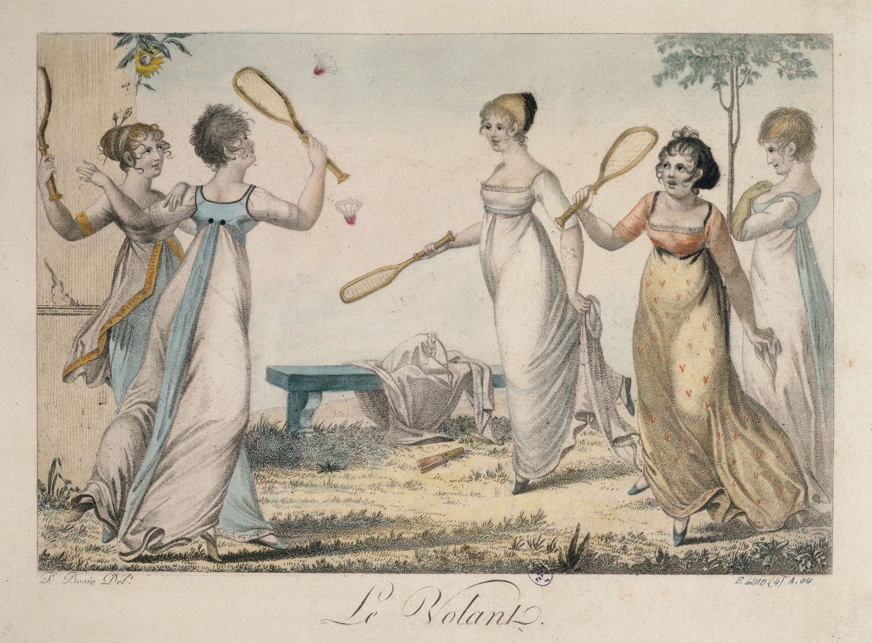 Gravure du XIXe siècle montrant des jeunes filles jouant à un jeu de raquettes avec un volant. 
